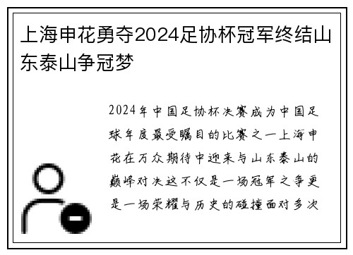 上海申花勇夺2024足协杯冠军终结山东泰山争冠梦 上海申花勇夺2024足协杯冠军终结山东泰山争冠梦